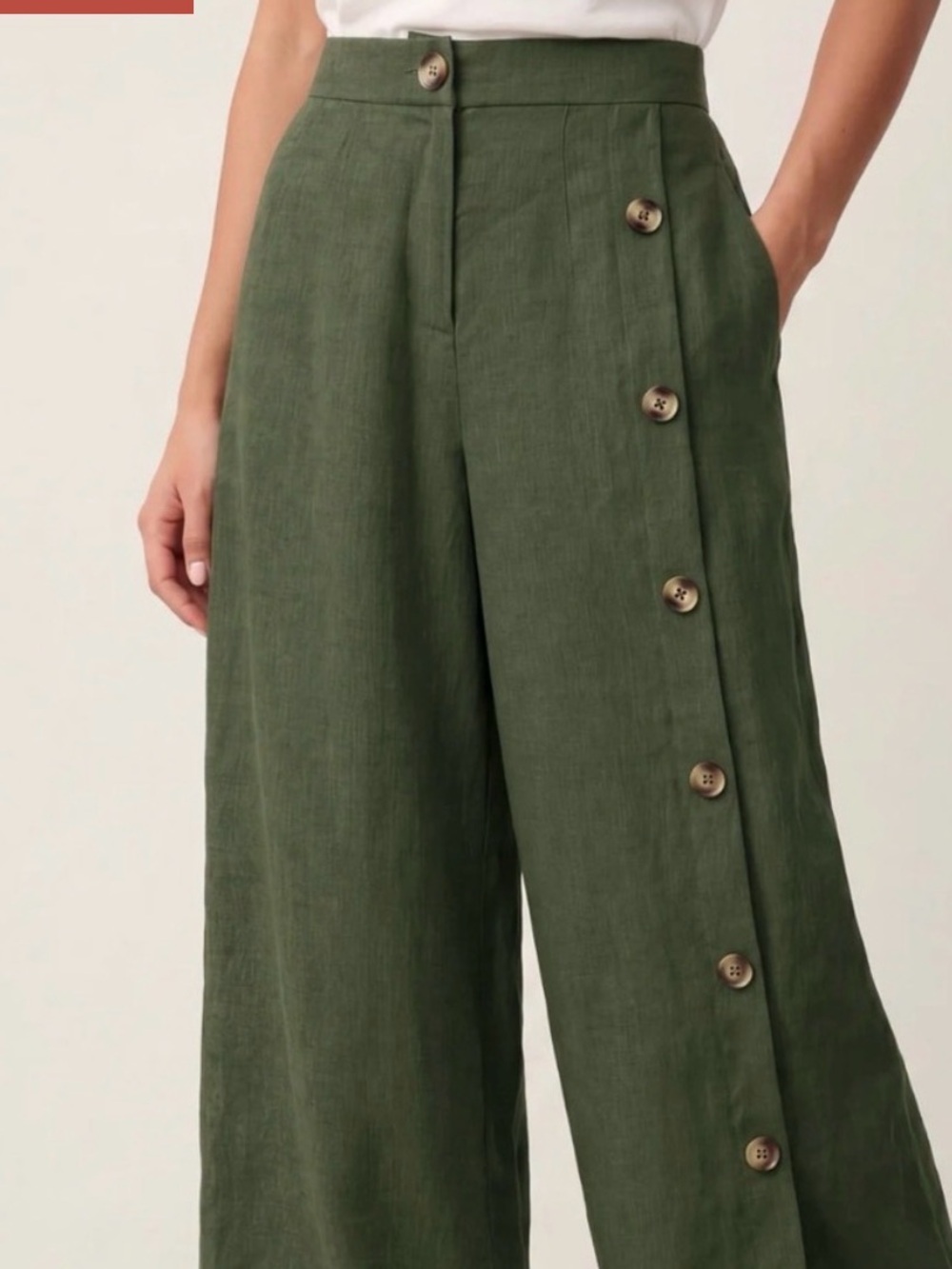 High-Rise Olive Wide-Leg Button-Trim Pants